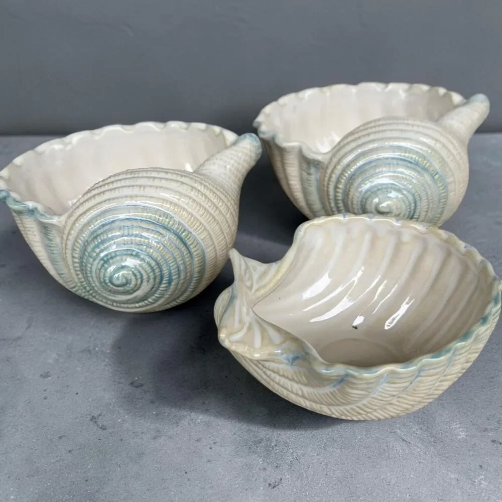 Set of 3 sea shell ceramic bowls planters by Shoreline Collection